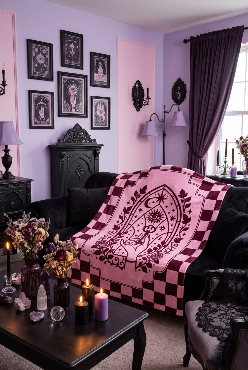 A blanket, featuring a dark burgundy graphic of a hand holding a key in front of an all-seeing eye and rose motif, set against a pink and burgundy checkerboard background.