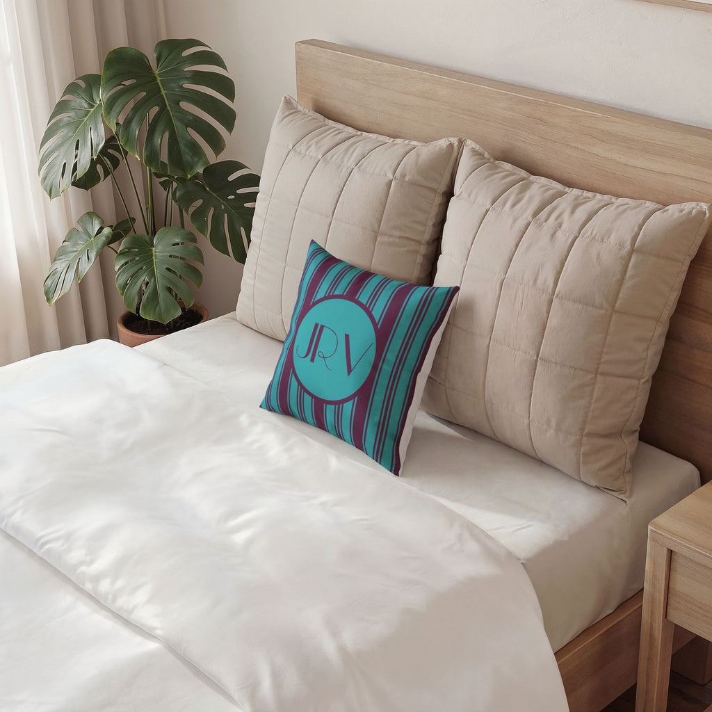 Retro Modern Velvet Pillow - Personalizable Violet and Teal Vintage Striped Monogram Pillow