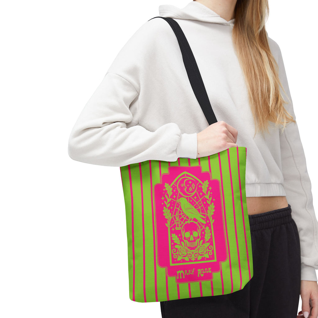 Neon Gothic Raven and Skull Tote Bag - Personalizable Pink and Green Retro Goth Carryall