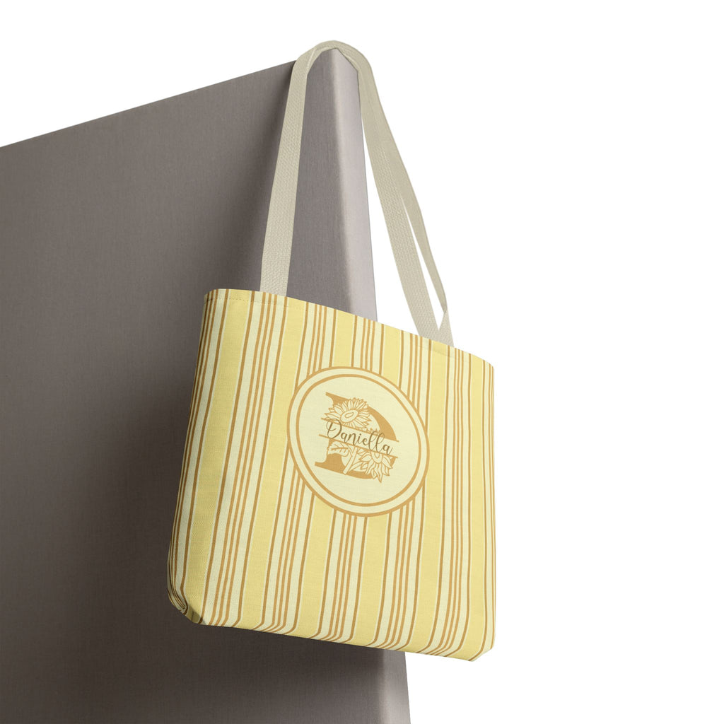 Sunflower Monogram Bag - Yellow Vintage Ticking Striped Carryall