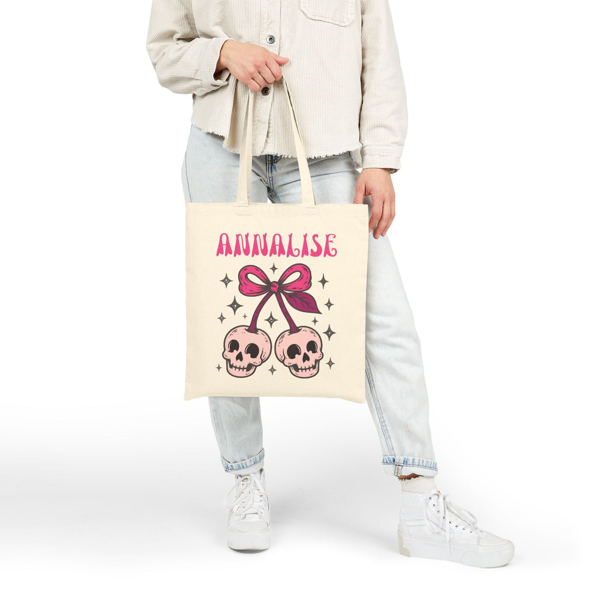 Pink Smiling Skull Cherry Bag - Personalizable Trick or Treat Canvas Tote