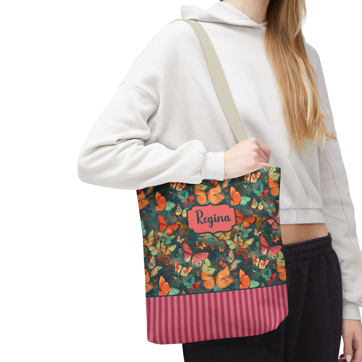 Personalizable Girly Handwriting Bag - Dreamy Butterfly Striped Tote