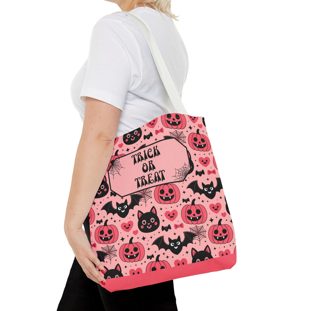 Pink Halloween Trick or Treat Bag  -Personalizable Carryall with Cute Cats, Bats and Jack-O'-Lanterns