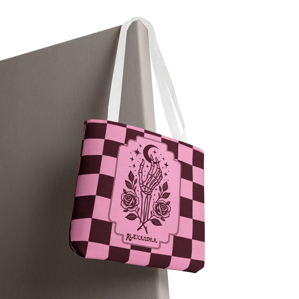 Personalizable Pink Checker Skeletal Hand Tote Bag — Gothic Moon and Roses Carryall