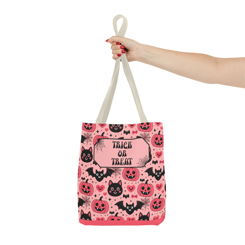 Pink Halloween Trick or Treat Bag  -Personalizable Carryall with Cute Cats, Bats and Jack-O'-Lanterns