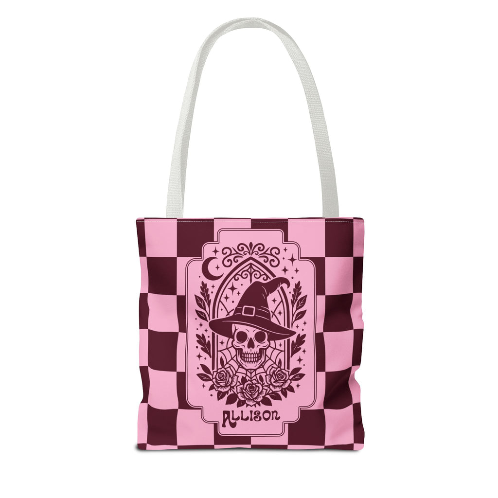 Pink Spooky Checkerboard Carryall - Gothic Witch Skull Personalizable Tote