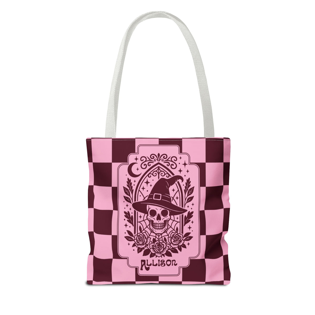 Pink Spooky Checkerboard Carryall - Gothic Witch Skull Personalizable Tote