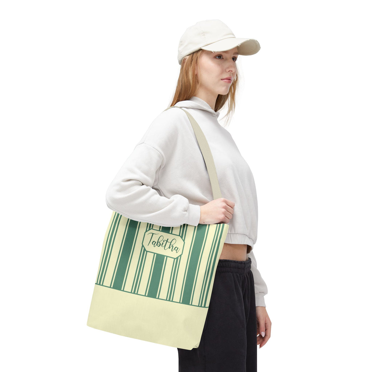 Striped Personalizable Carryall – Retro Mint and Cream Stripe Everyday Tote Bag
