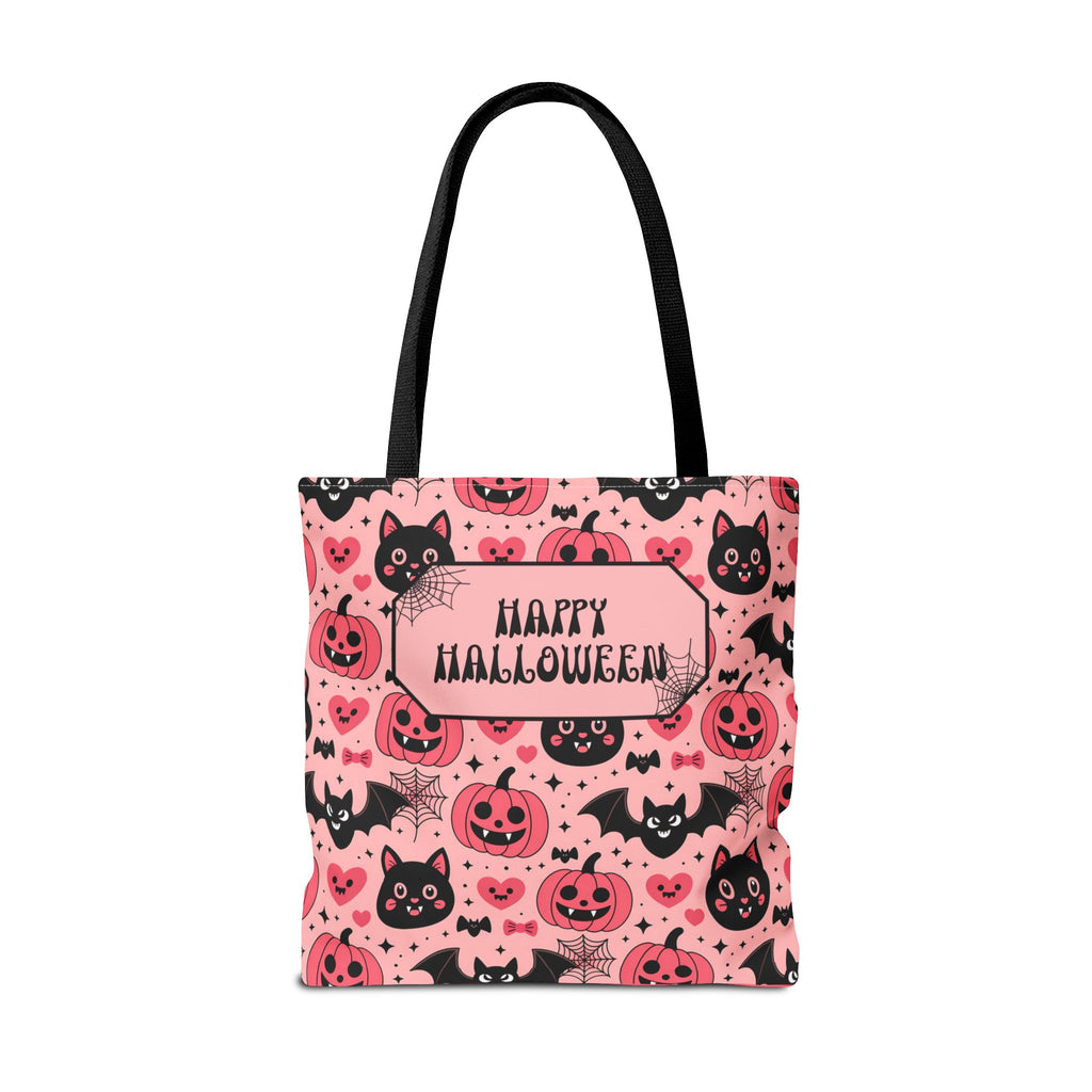 Pink Halloween Trick or Treat Bag  -Personalizable Carryall with Cute Cats, Bats and Jack-O'-Lanterns