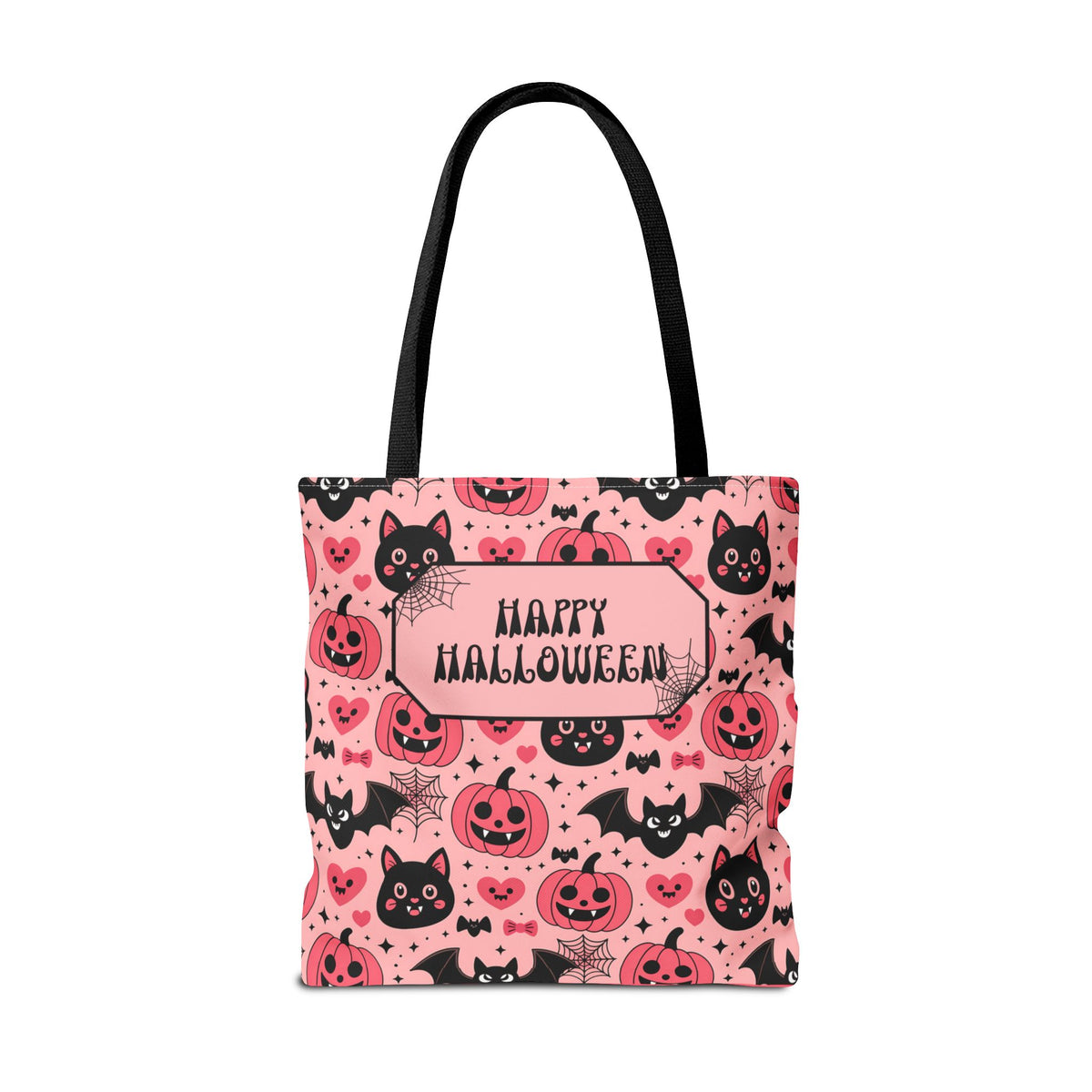 Pink Halloween Trick or Treat Bag  -Personalizable Carryall with Cute Cats, Bats and Jack-O'-Lanterns