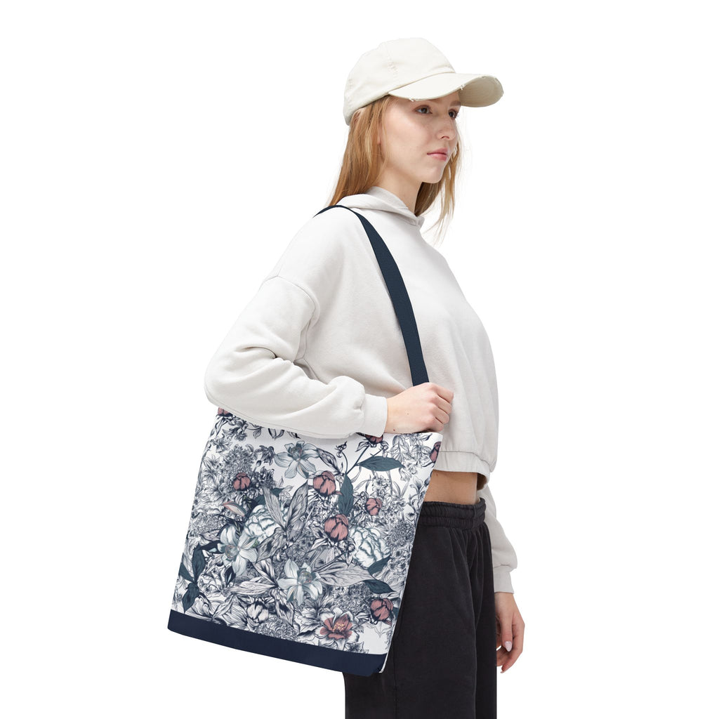 Navy and Pink Floral Sketch Tote Bag - Botanical Market Carryall
