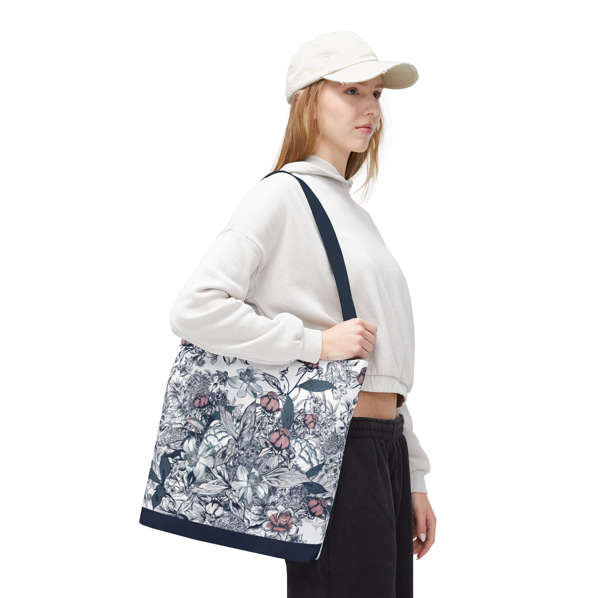 Navy and Pink Floral Sketch Tote Bag - Botanical Market Carryall