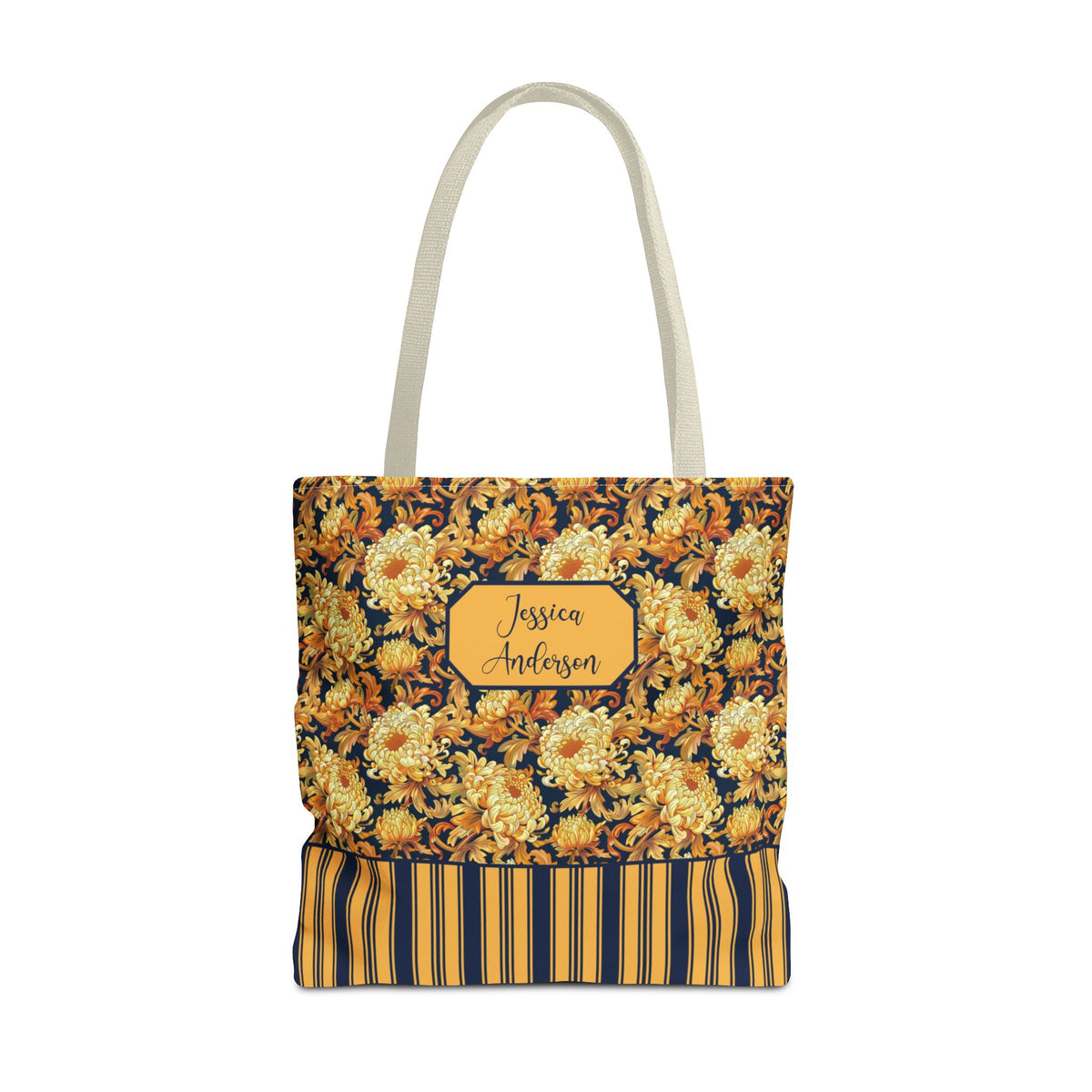 Personalizable Floral Harvest Tote Bag — Vintage Chrysanthemum Striped Tote