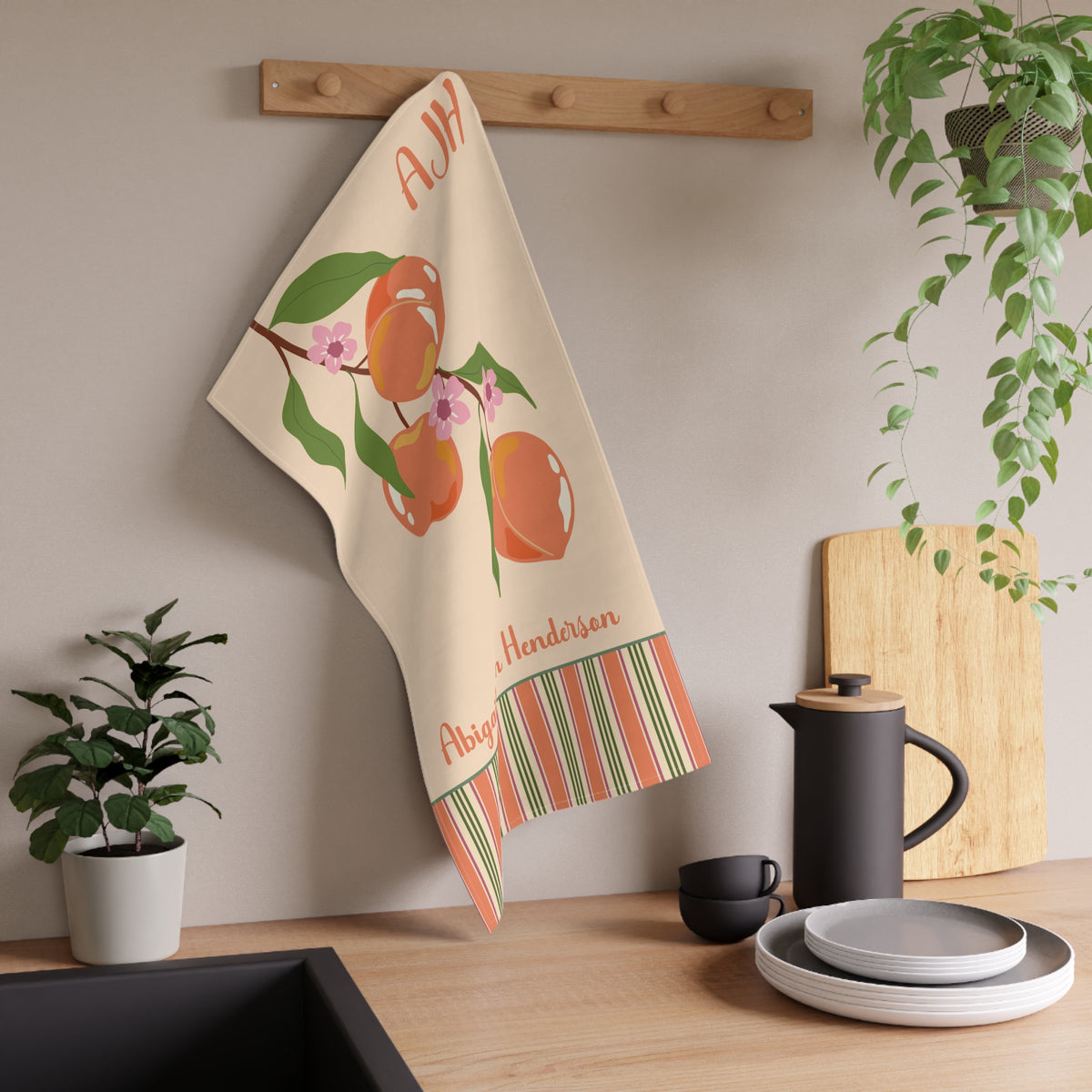 Personalized Peach Striped Tea Towel -Name and Monogram Kitchen Towel