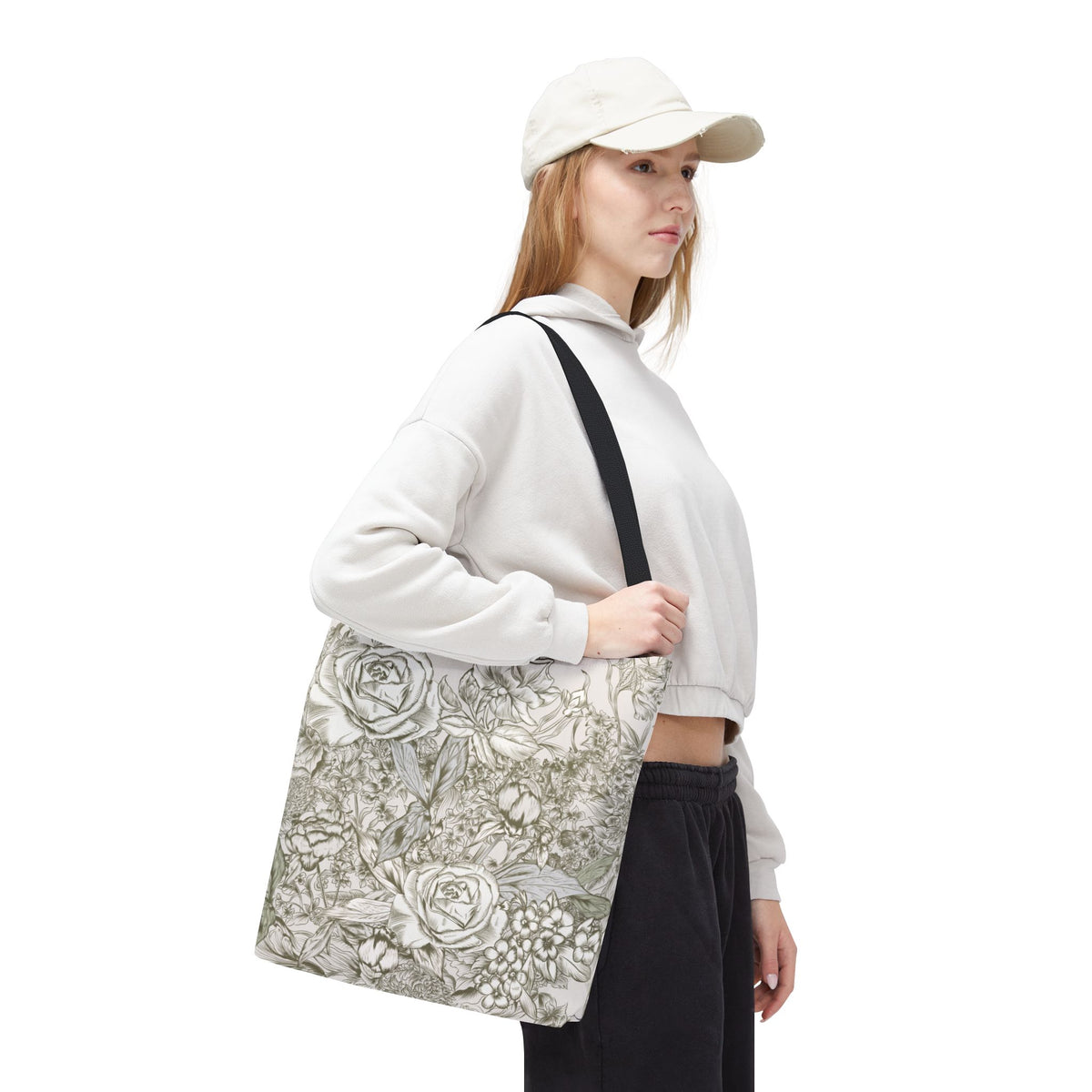 Rose Sketch Tote Bag — Grey Floral Carryall