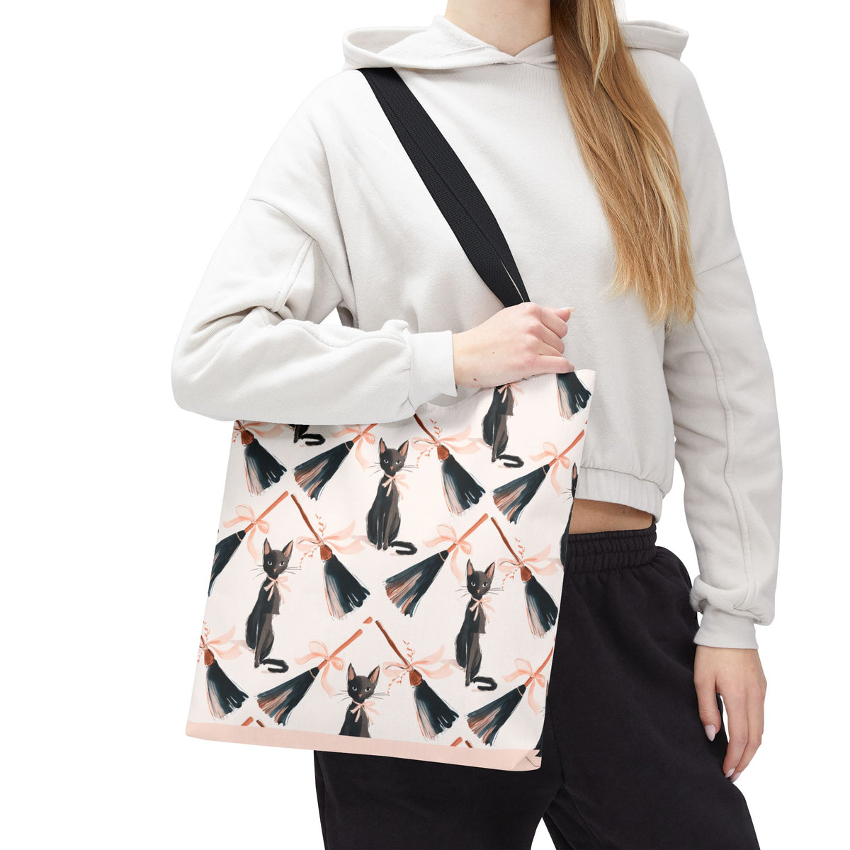 Witchy Black Cat and Broom Tote Bag