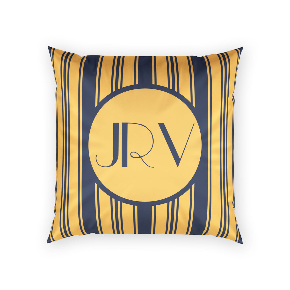 Personalizable Velvet Pillow - Blue and Gold Ticking Stripe Monogram Throw Pillow