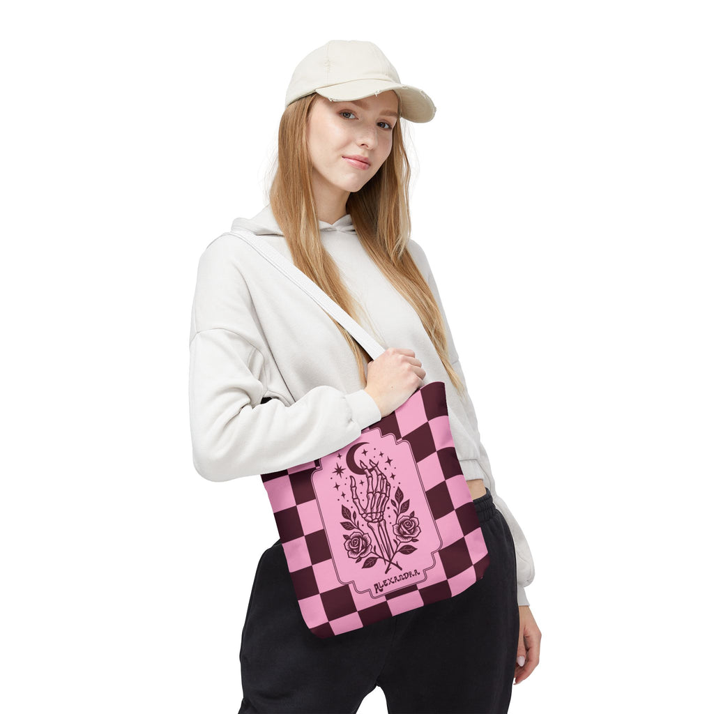 Personalizable Pink Checker Skeletal Hand Tote Bag — Gothic Moon and Roses Carryall