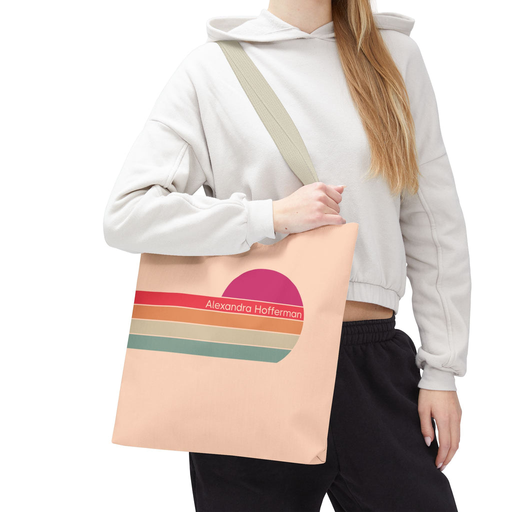 Personalizable Retro Sunset Tote Bag — Pastel Stripes Beach Vibe Carryall