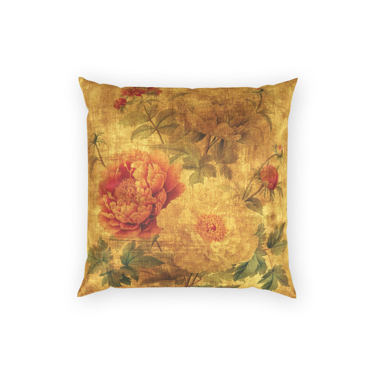 Elegant Gold Velvet Throw Pillow - Vintage Peonies Decorative Pillow