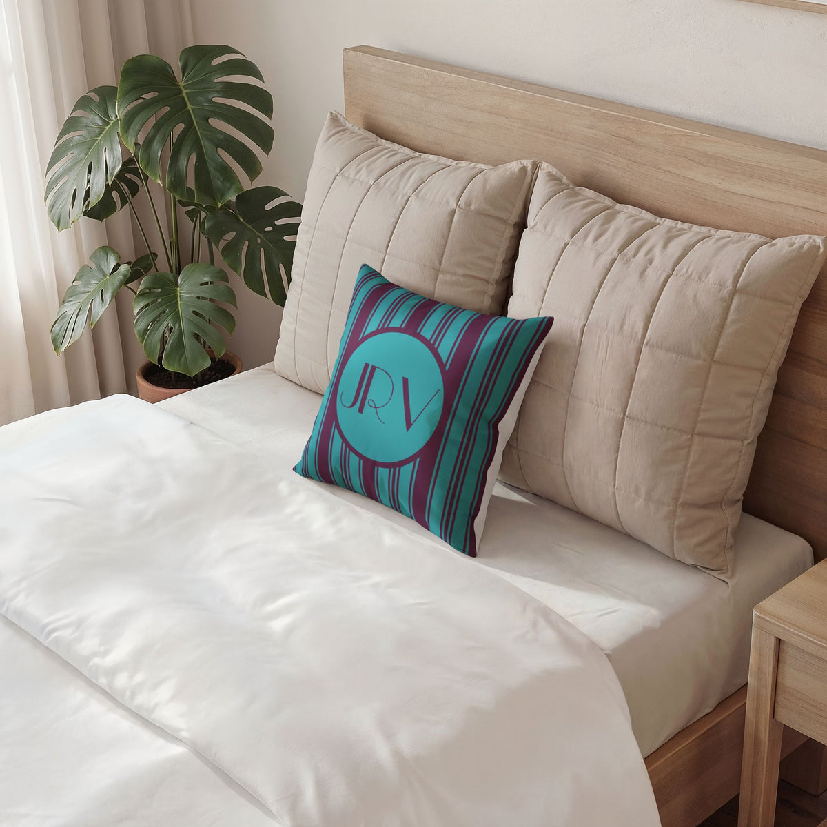 Retro Modern Velvet Pillow - Personalizable Violet and Teal Vintage Striped Monogram Pillow