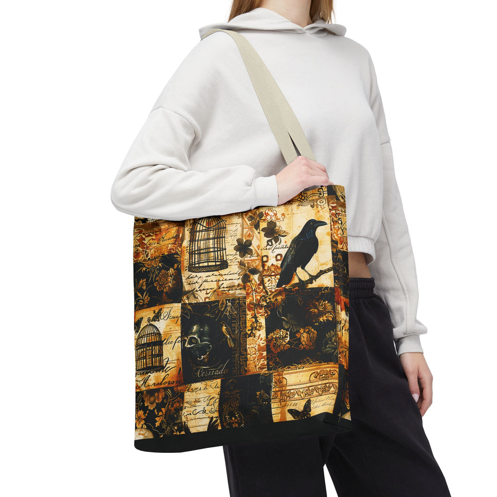 Gothic Raven Patchwork Tote Bag – Vintage Sepia and Black Collage Print