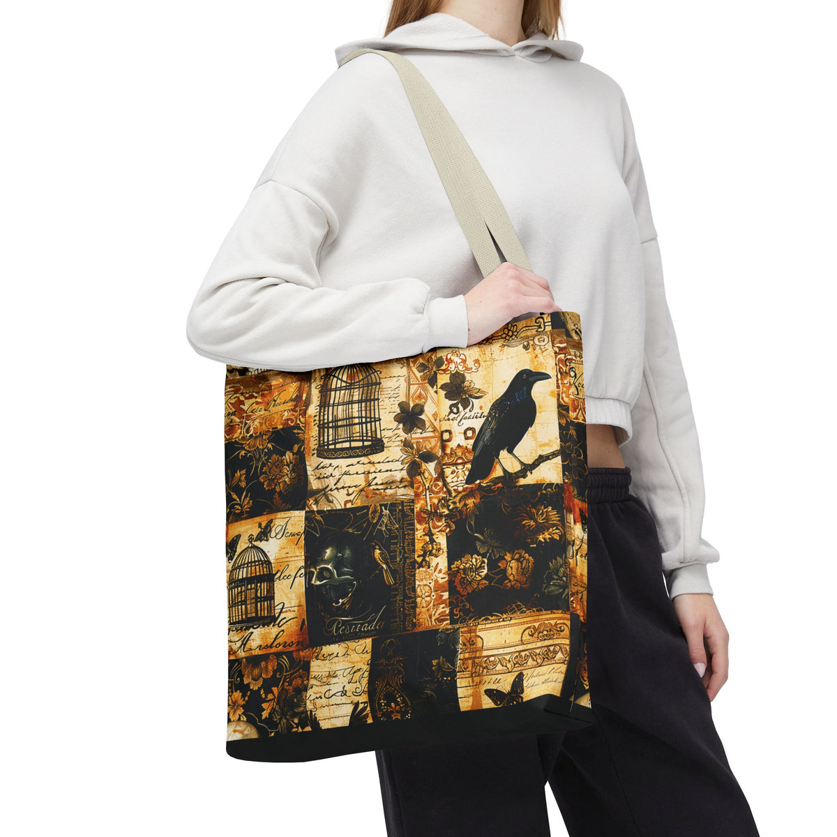 Gothic Raven Patchwork Tote Bag – Vintage Sepia and Black Collage Print
