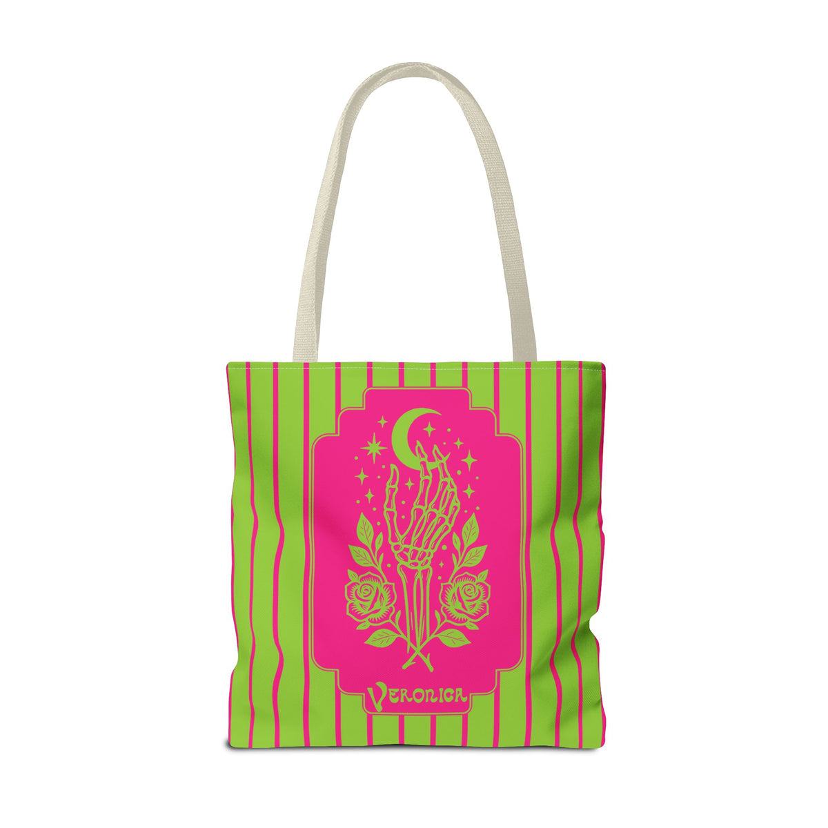 Mystic Skeletal Hand Tote Bag -Personalizable Retro Gothic Neon Moon and Roses Carryall