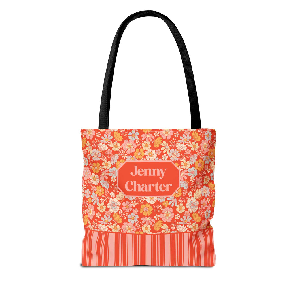 Personalizable Floral Striped Tote Bag - Orange Retro Blossom Tote