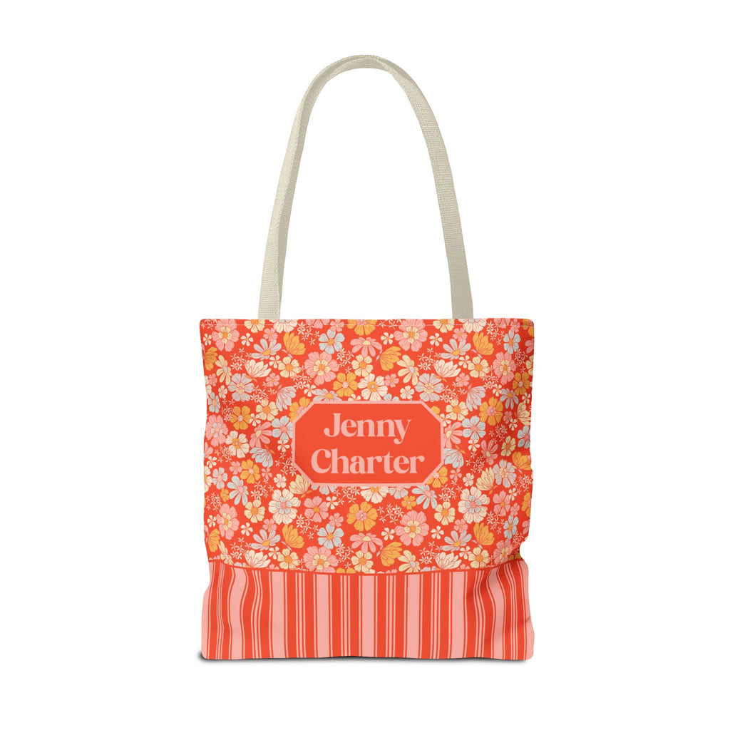 Personalizable Floral Striped Tote Bag - Orange Retro Blossom Tote