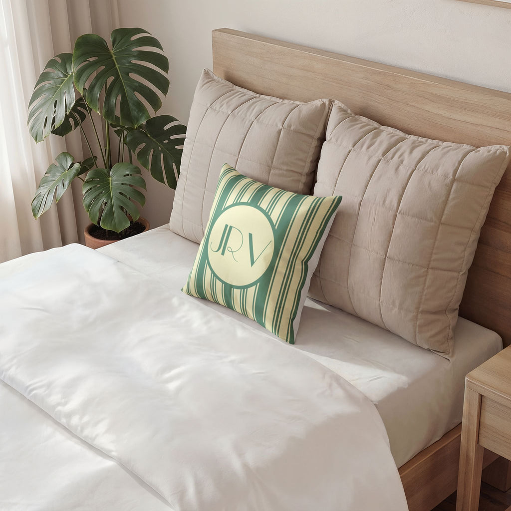 Vintage Striped Monogram Pillow - Mint and Cream Ticking Stripe Velvet Pillow