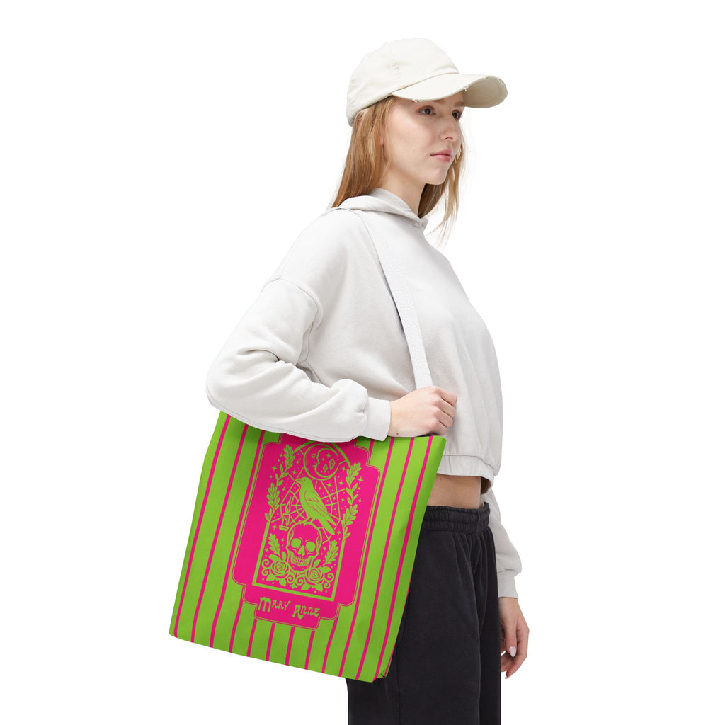 Neon Gothic Raven and Skull Tote Bag - Personalizable Pink and Green Retro Goth Carryall