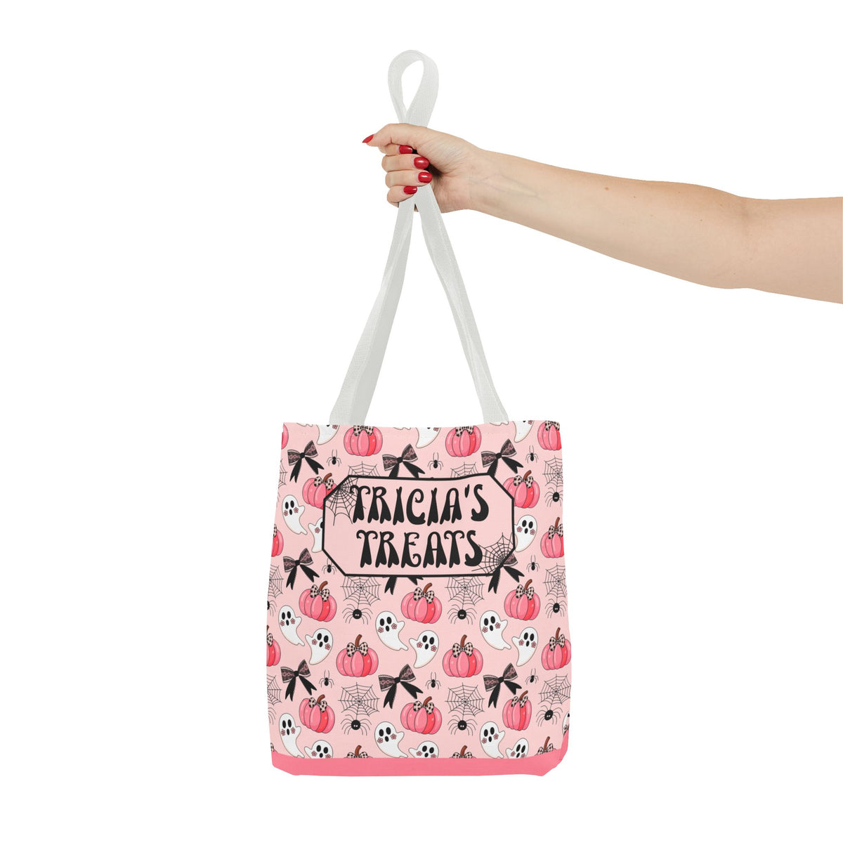 Pink Pumpkin Halloween Tote Bag - Cute Ghosts and Bows Personalizable Trick or Treat Bag