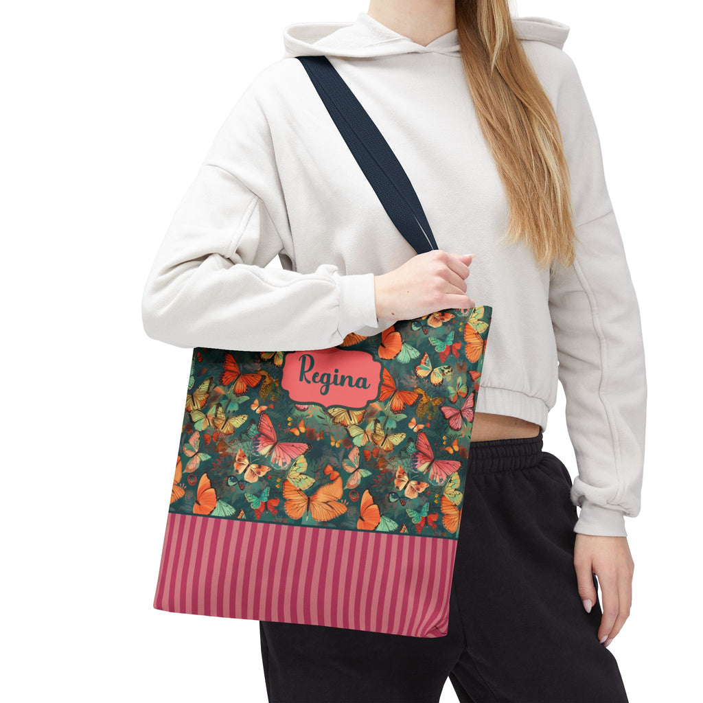 Personalizable Girly Handwriting Bag - Dreamy Butterfly Striped Tote