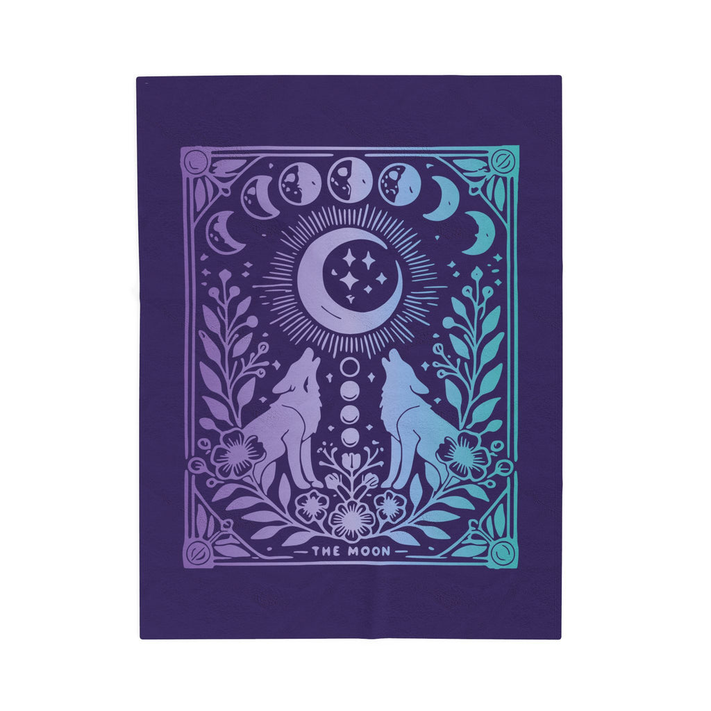 Celestial Moon Phases Blanket - Mystical Wolf and Moonlight Tarot Velveteen Plush Throw