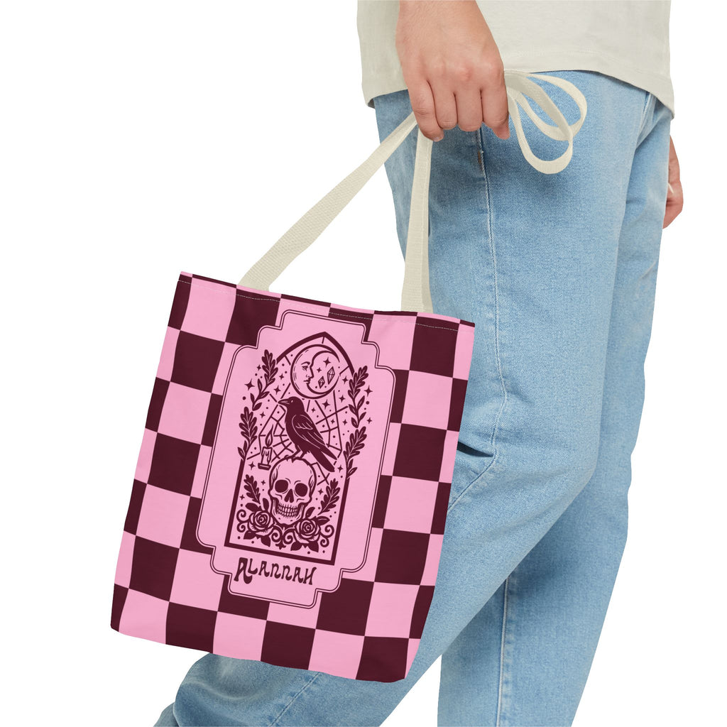 Gothic Raven and Skull Checkerboard Tote Bag - Personalizable Pink Retro Goth Carryall
