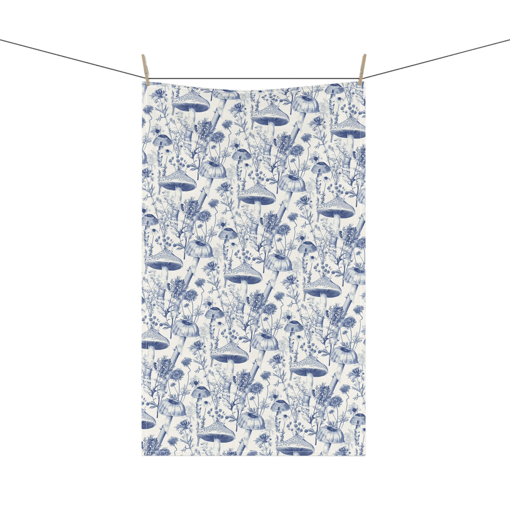 Botanical Toile de Jouy Tea Towel - Mushroom and Wildflower Blue Kitchen Towel