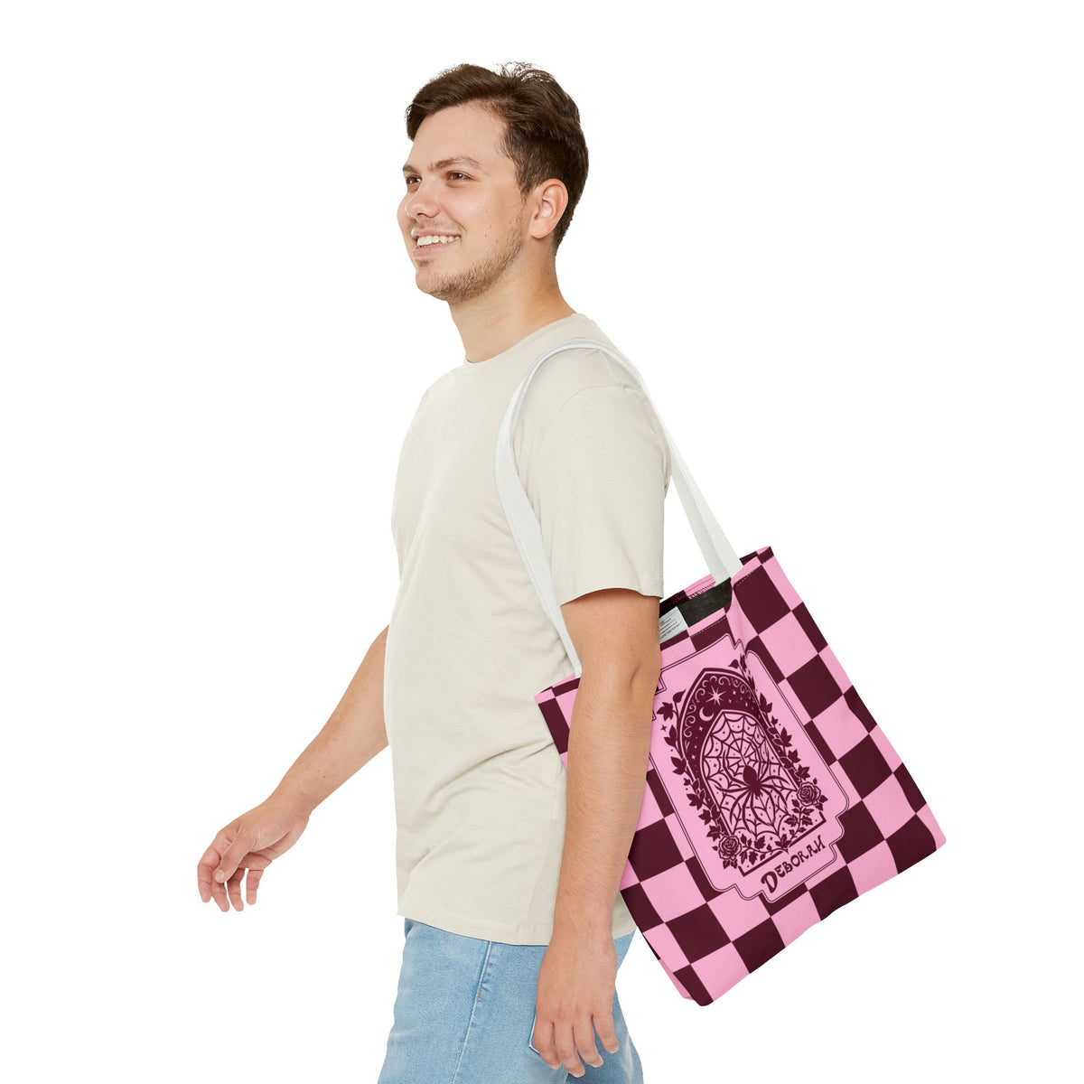 Personalizable Pink and Burgundy Retro Goth Tote with Mystic Spider Stained Glass Design