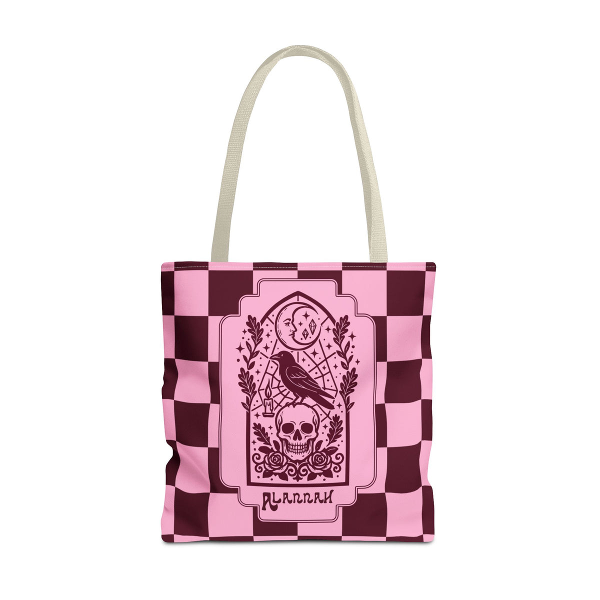 Gothic Raven and Skull Checkerboard Tote Bag - Personalizable Pink Retro Goth Carryall