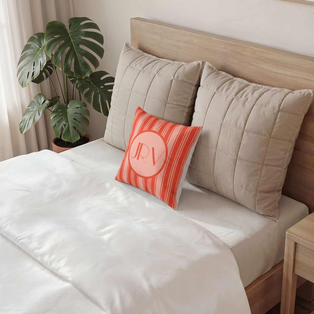 Retro Velvet Personalizable Pillow - Vermillion Orange Ticking Stripe Monogram Pillow