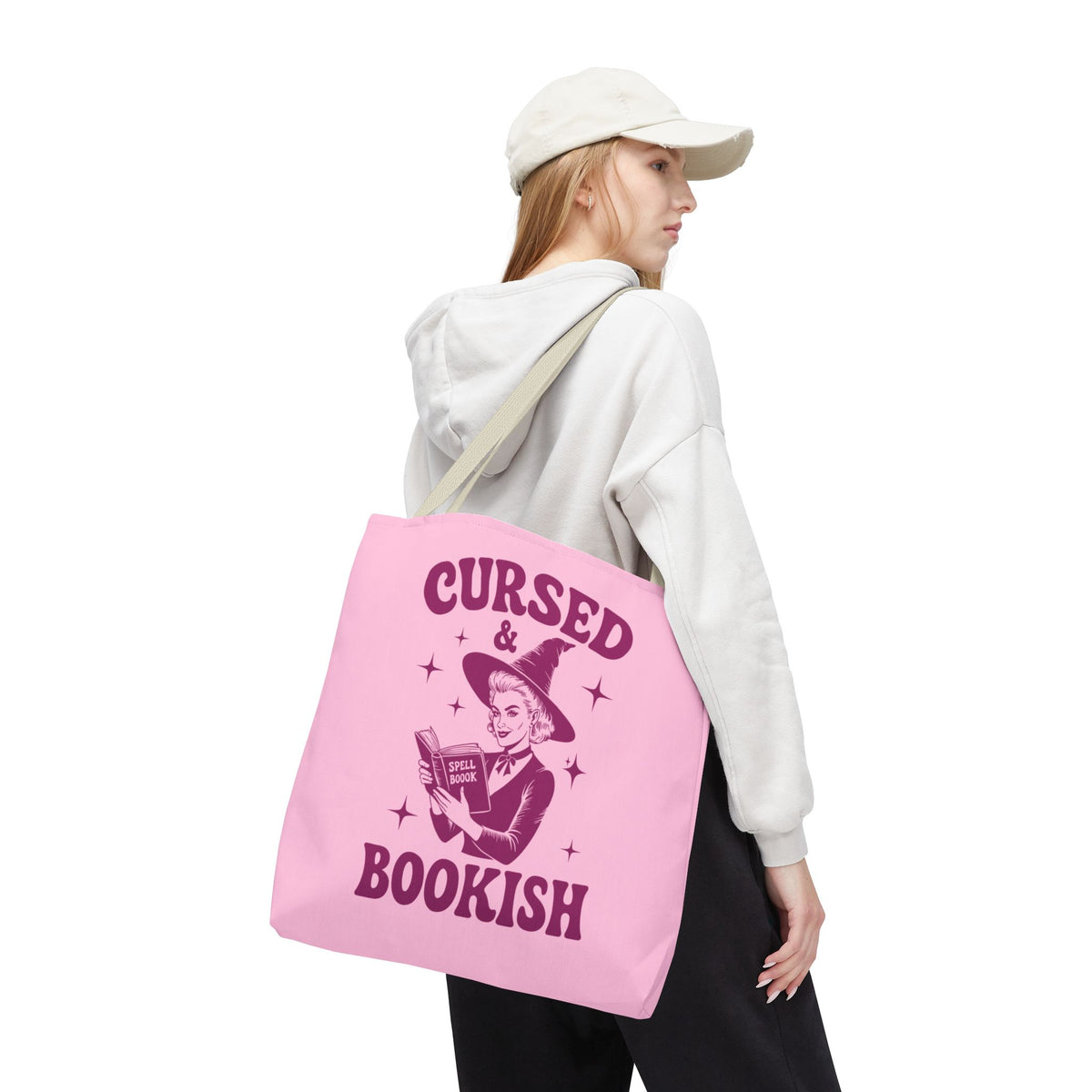 Cursed and Bookish Tote Bag — Witchy Pink Vintage Book Lover Shopper