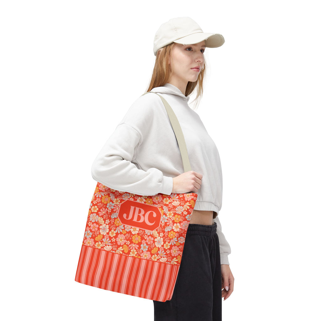 Personalizable Floral Striped Tote Bag - Orange Retro Blossom Tote