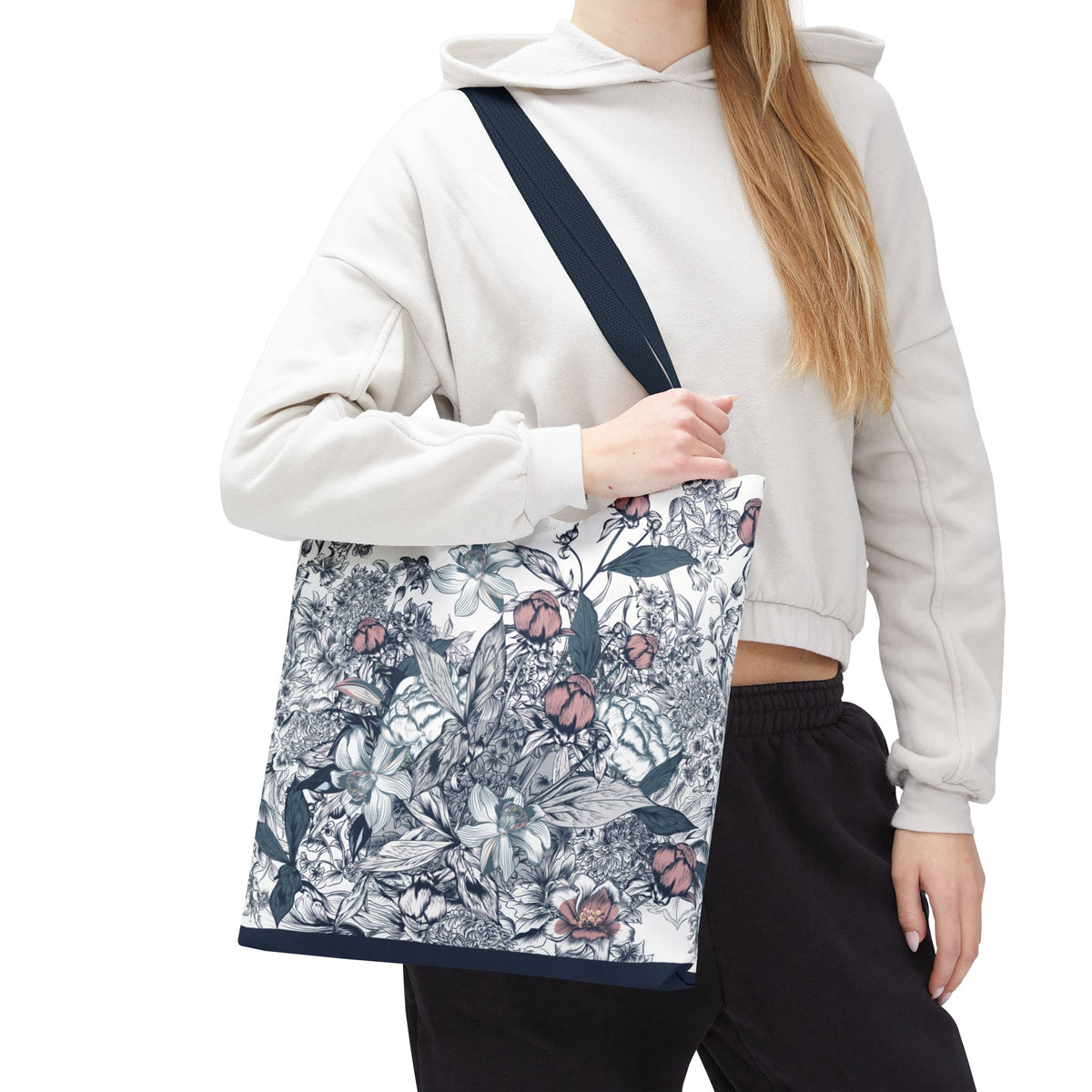 Navy and Pink Floral Sketch Tote Bag - Botanical Market Carryall