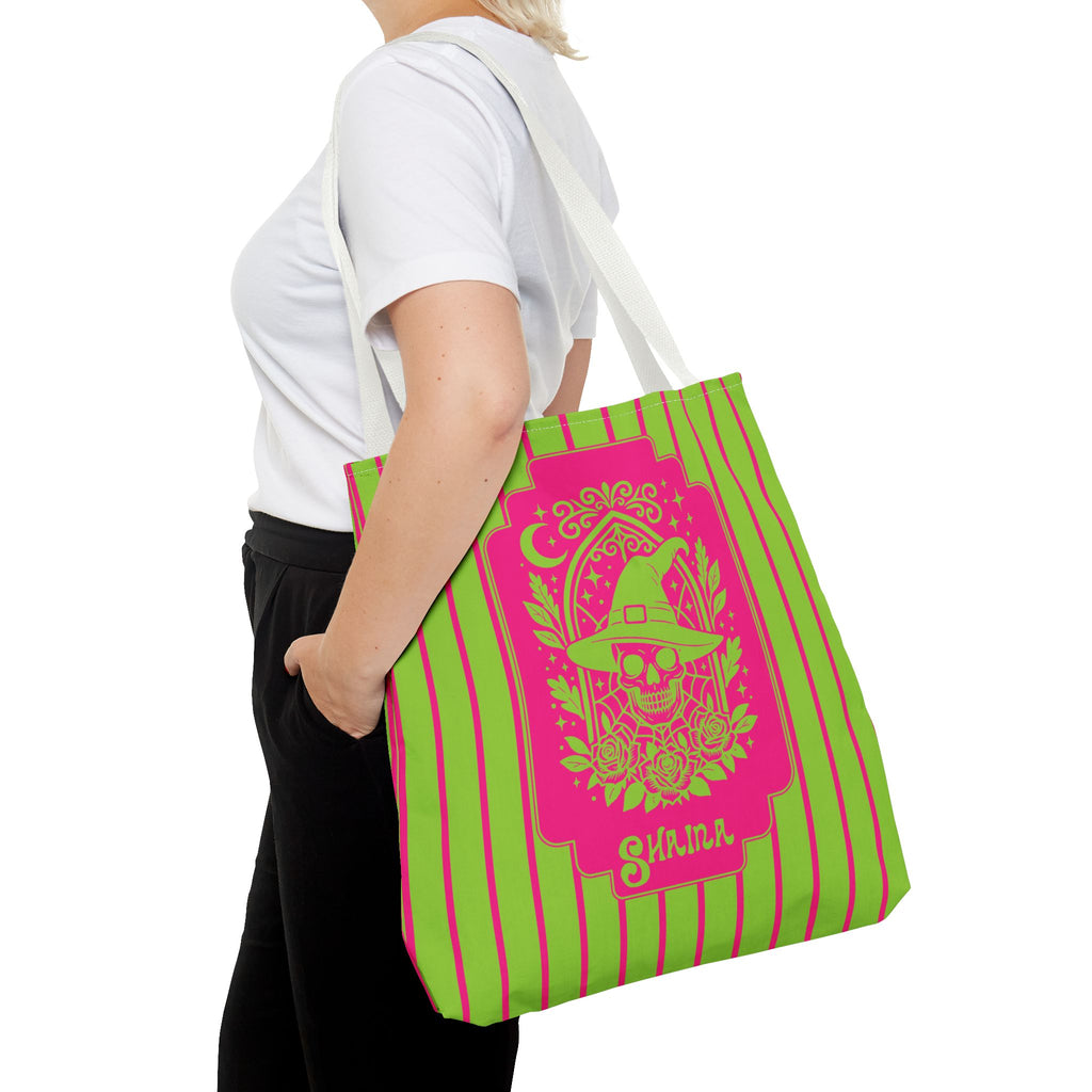 Retro Goth Skull Witch Tote Bag — Neon Pink and Lime Striped Tote