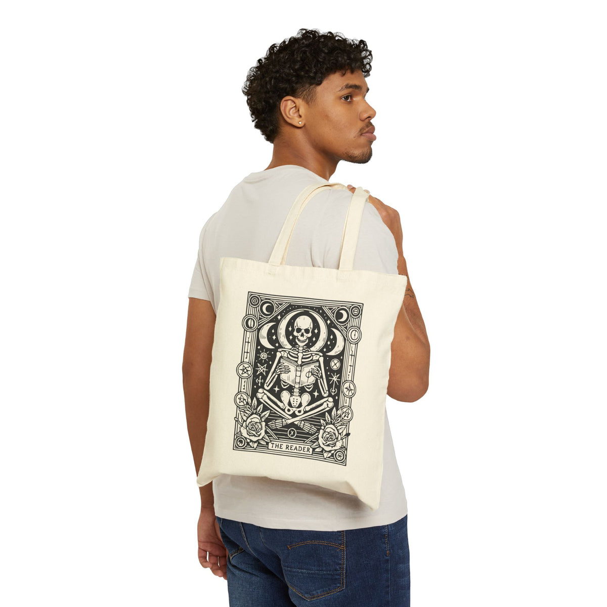 The Reader Skeleton Tarot Design in Black Cotton Canvas Tote