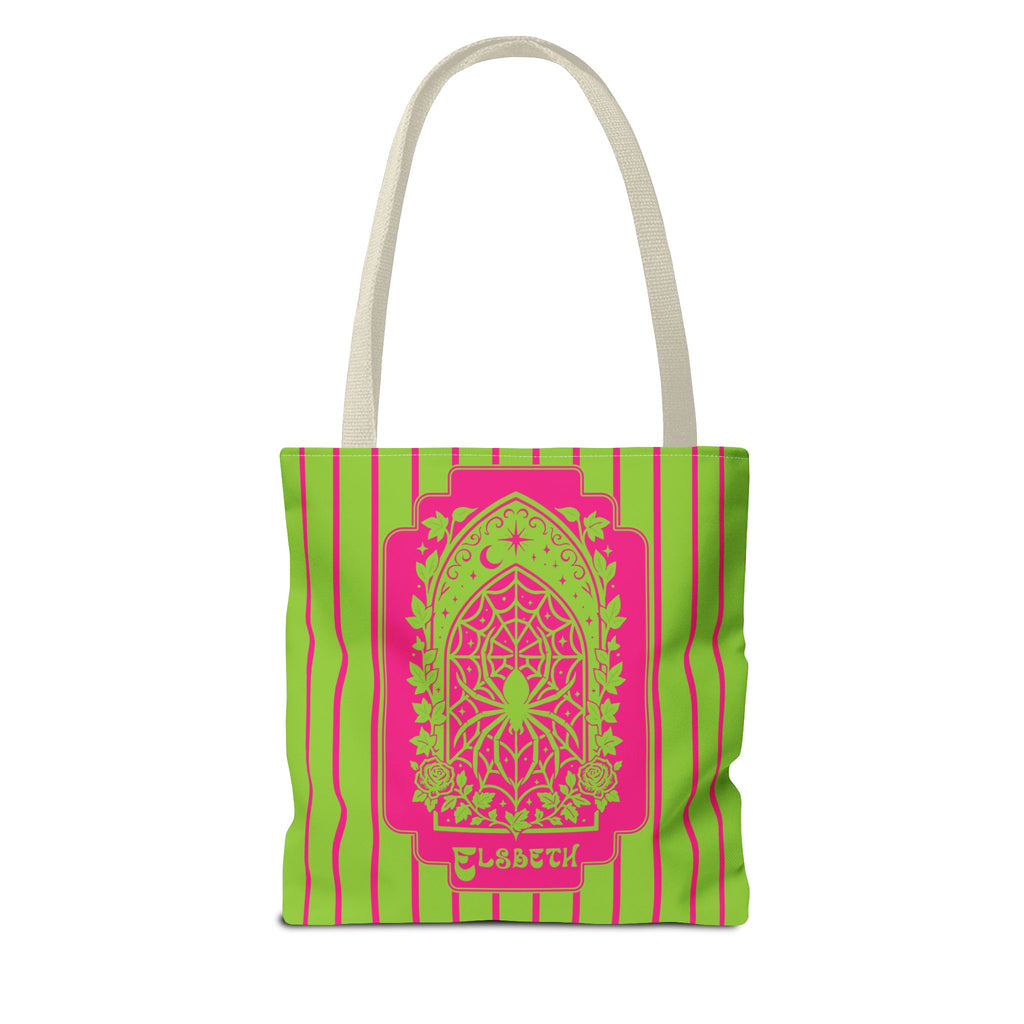 Personalized Green and Pink Retro Goth Tote with Mystic Spider Stained Glass Design