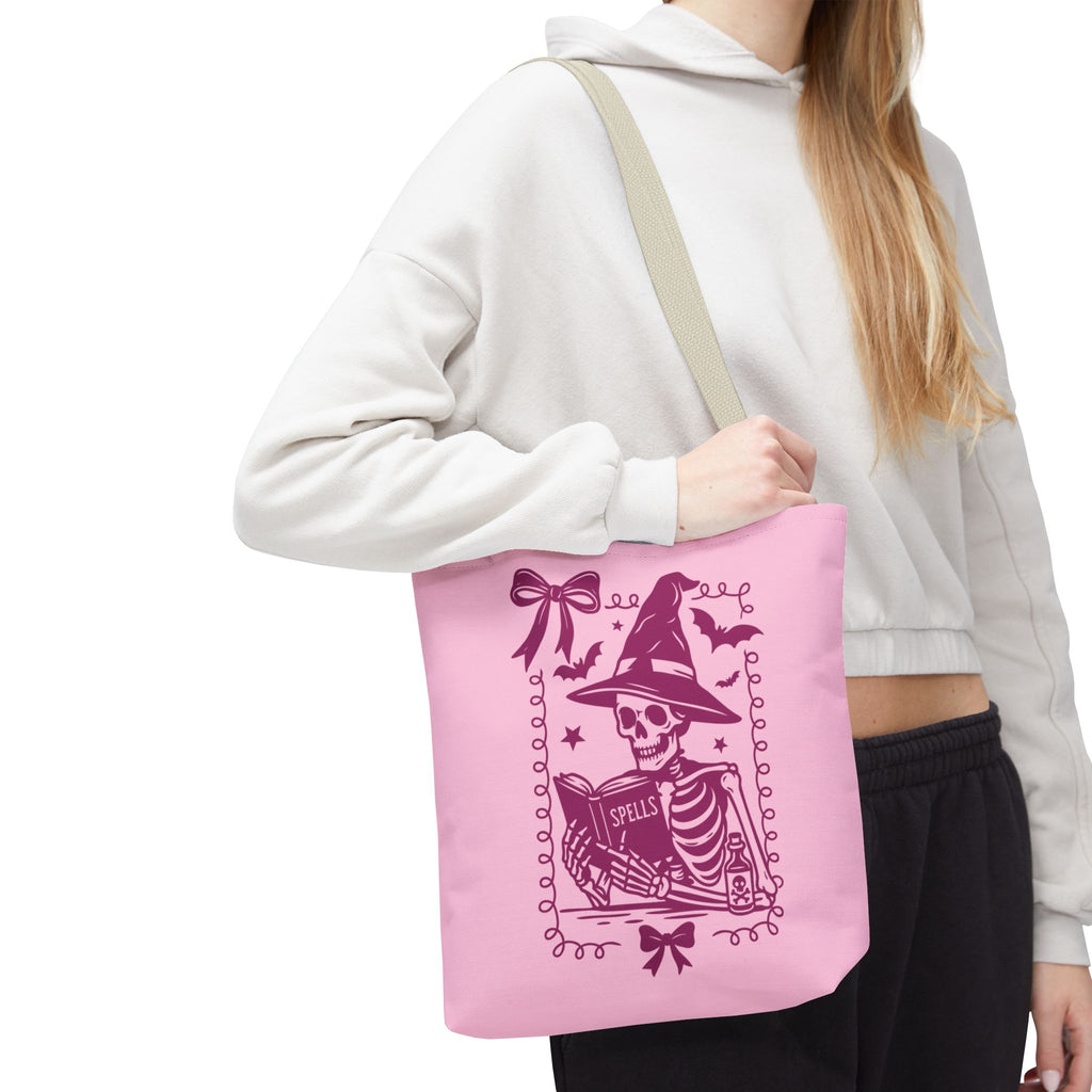 Pink Reading Witch Skeleton Tote Bag — Cute Coquette Frame Halloween Tote