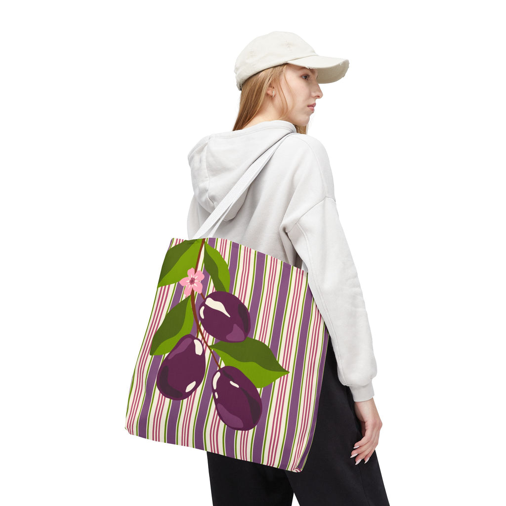 Plum Orchard Striped Tote Bag - Floral Plum Bouquet All-Over Print Tote
