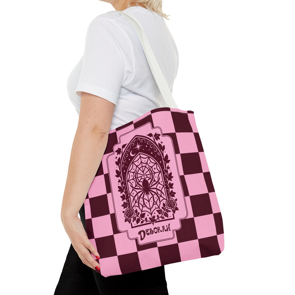 Personalizable Pink and Burgundy Retro Goth Tote with Mystic Spider Stained Glass Design