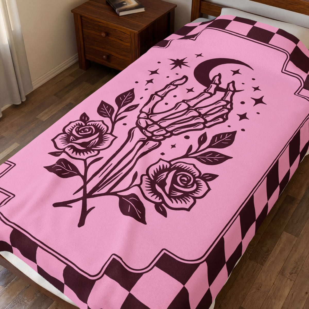 Retro Modern Celestial Skeleton Hand Tableau Velveteen Blanket